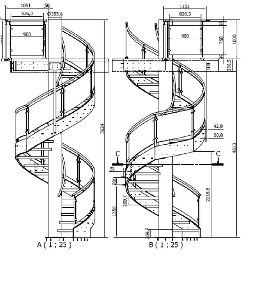 Section Drawing Glass spiral staircase