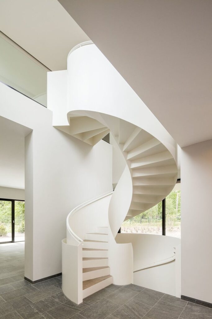 white ribbon spiral staircase