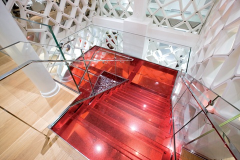 red floating glass staircase