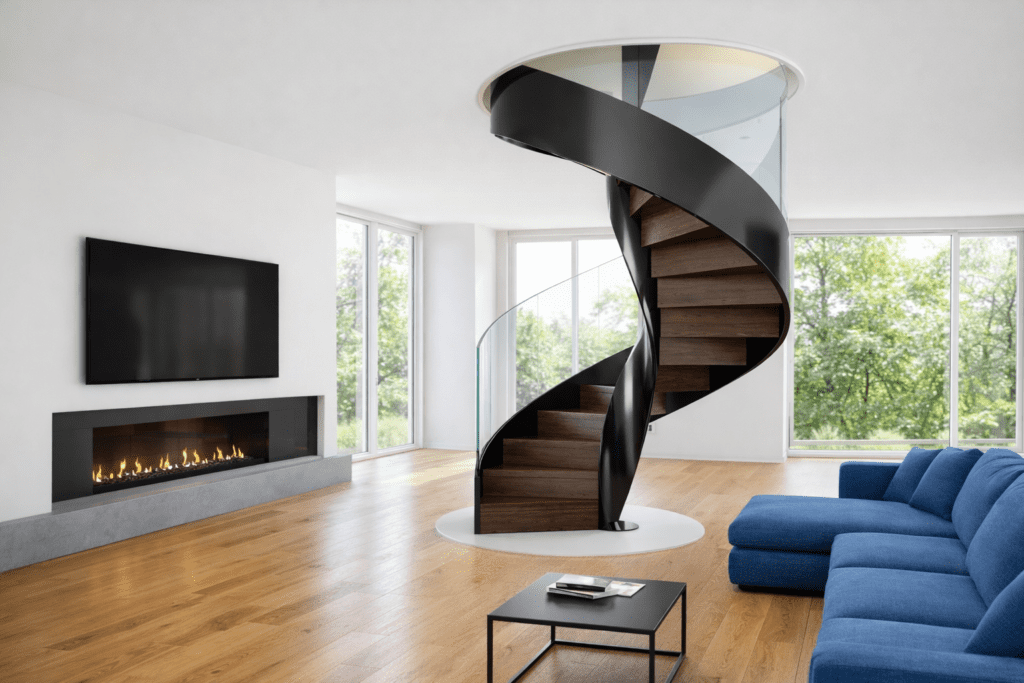 spiral ribbon stairs glass railing