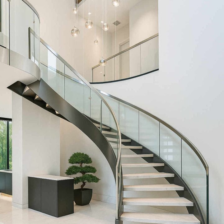 Grand design stairs helical oak and glass staircase